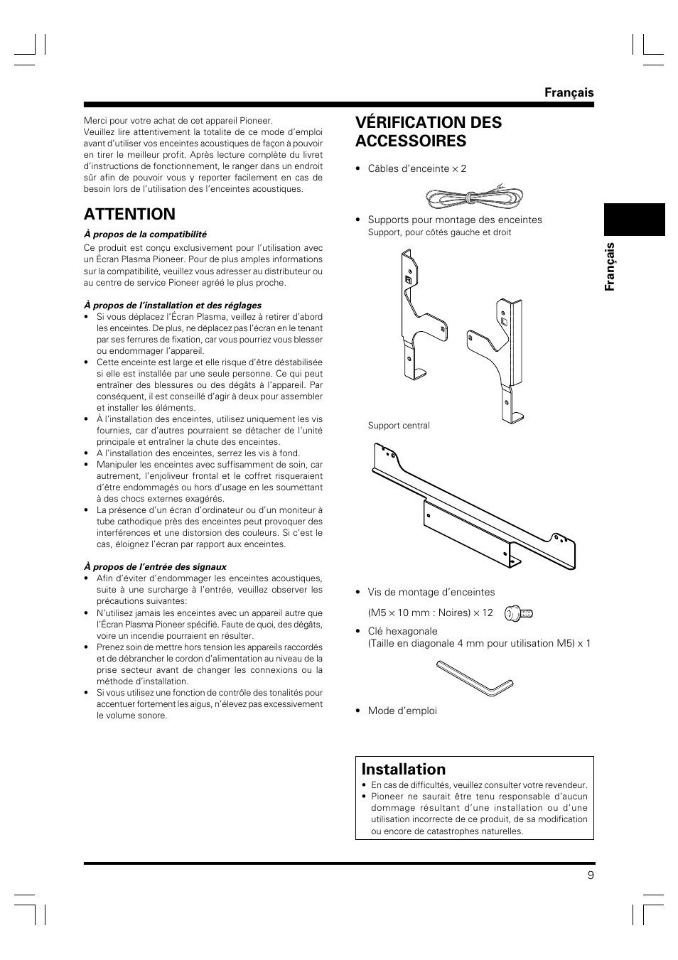 Mode d’emploi, Attention, Vérification des accessoires | Installation, Français | Pioneer PDP-S41 User Manual | Page 9 / 39