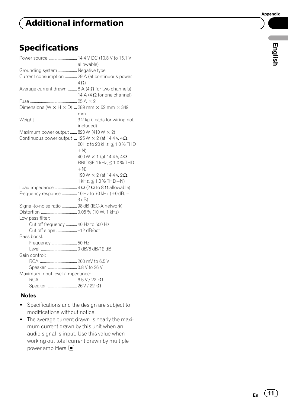 Specifications, Additional information, English | Pioneer GM-5500T User Manual | Page 11 / 84