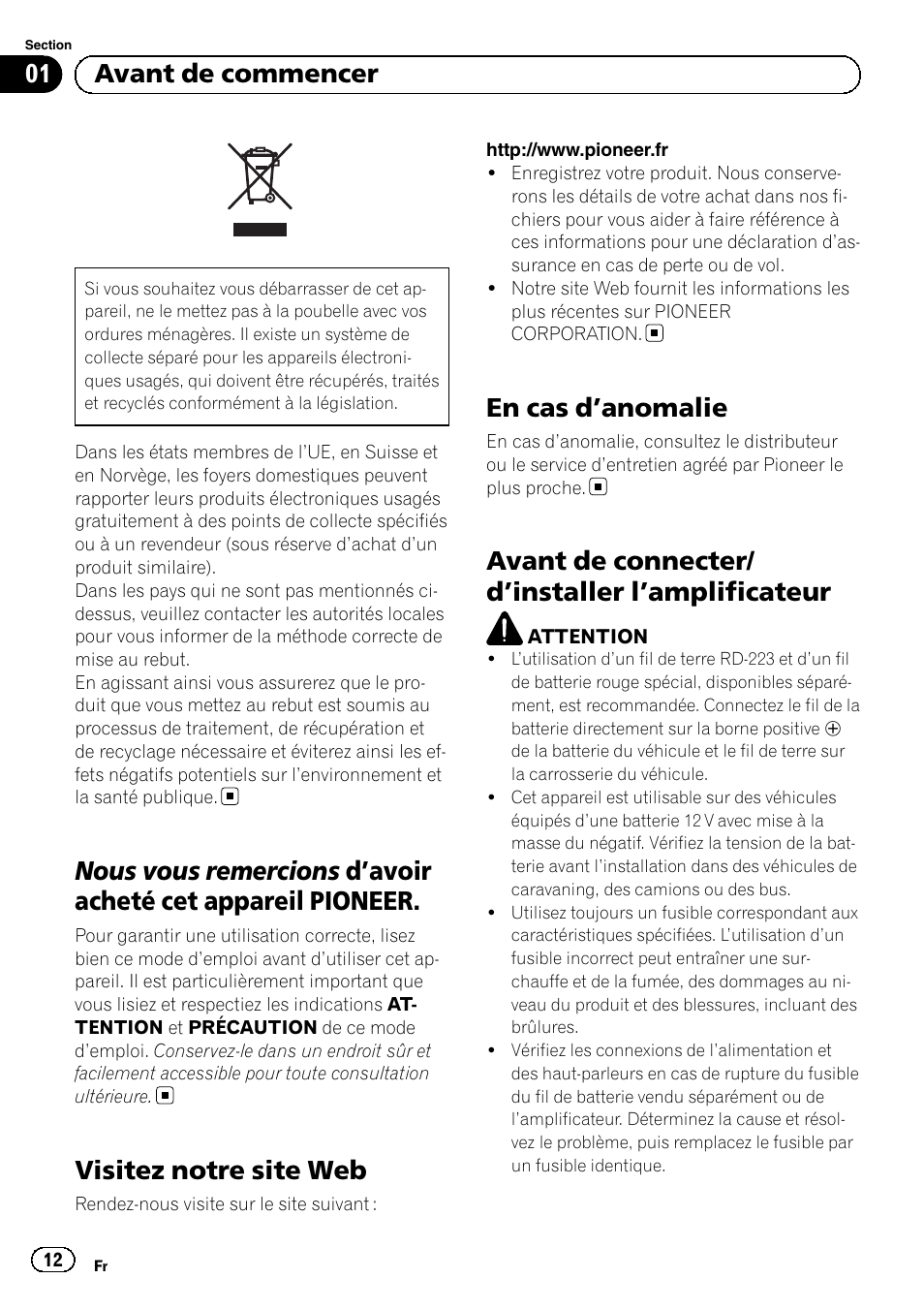 Français, Visitez notre site web, En cas d ’anomalie | Avant de connecter/ d ’installer l’amplificateur, 01 avant de commencer | Pioneer GM-5500T User Manual | Page 12 / 84