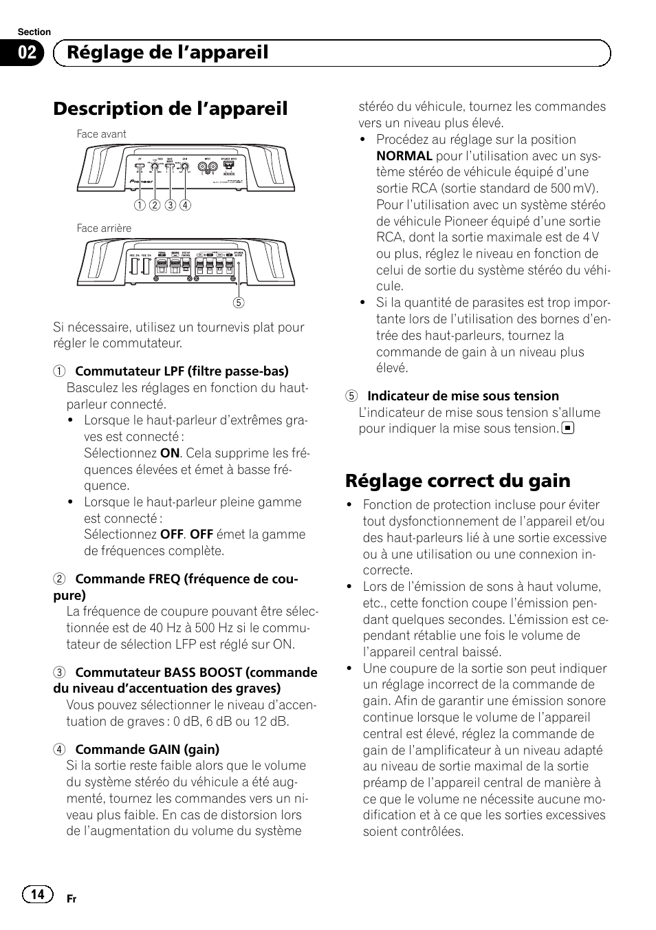 Description de l ’appareil, Réglage correct du gain, 02 réglage de l ’appareil | Pioneer GM-5500T User Manual | Page 14 / 84