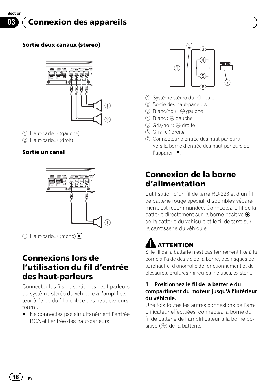 Utilisation du fil d’entrée des, Haut-parleurs, Connexion de la borne d ’alimentation | 03 connexion des appareils | Pioneer GM-5500T User Manual | Page 18 / 84