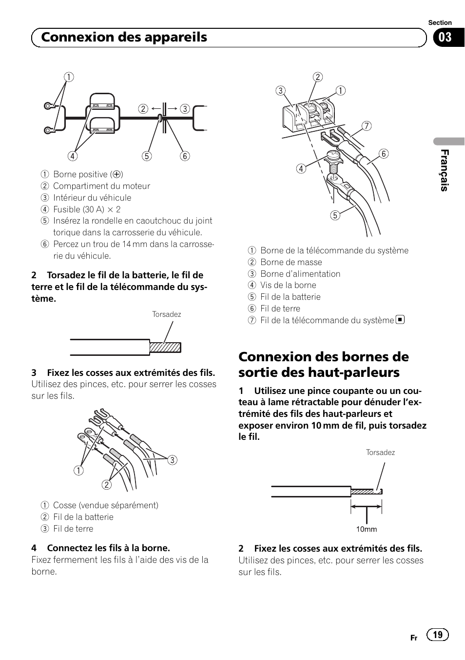 Connexion des bornes de sortie des haut-parleurs, 03 connexion des appareils | Pioneer GM-5500T User Manual | Page 19 / 84