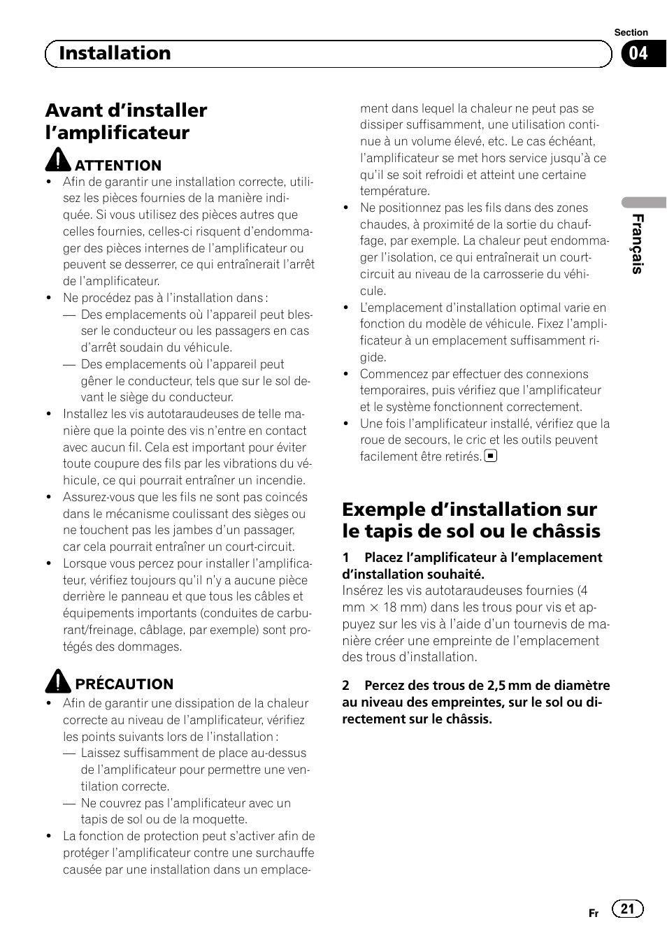Avant d ’installer l ’amplificateur, 04 installation | Pioneer GM-5500T User Manual | Page 21 / 84