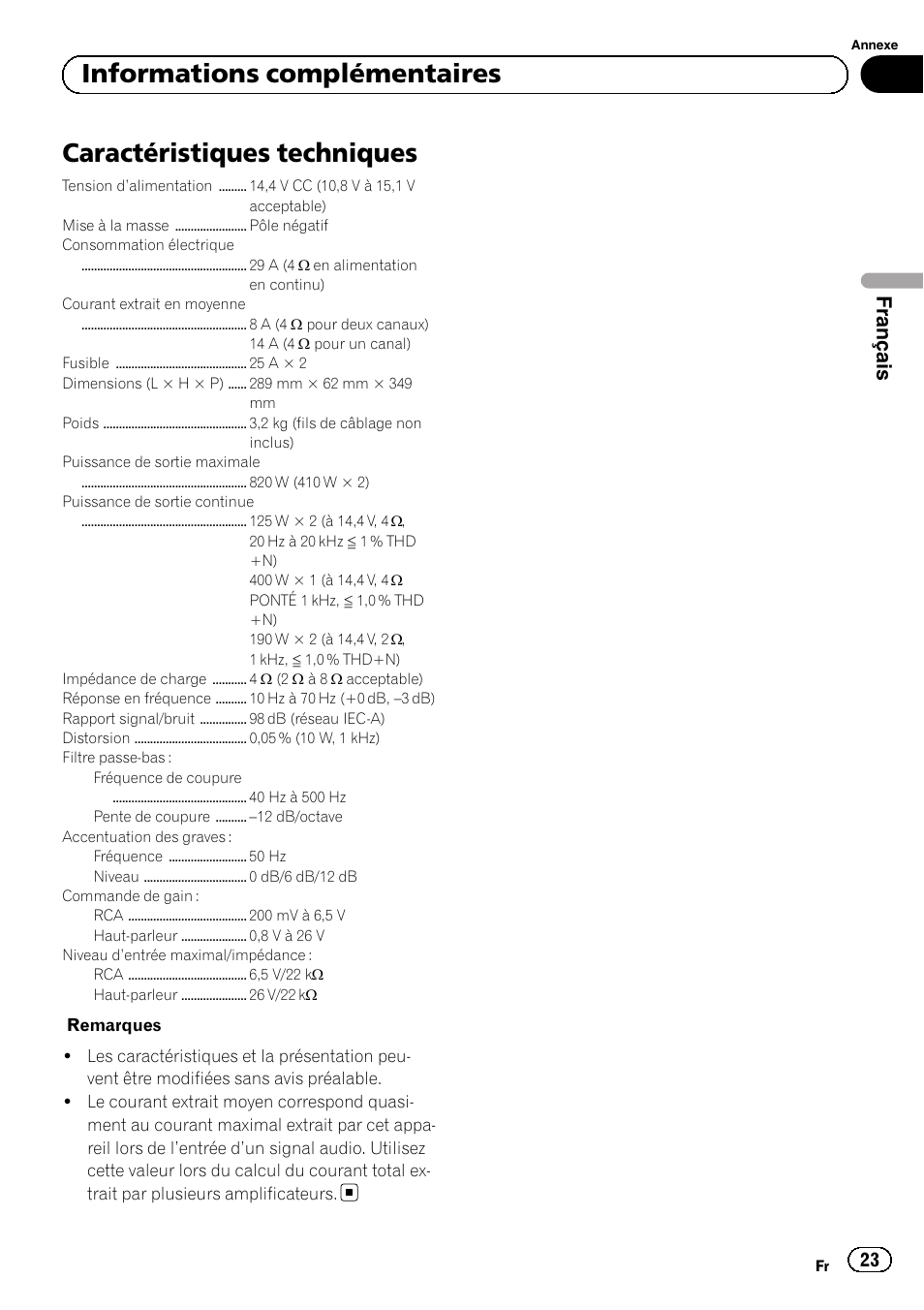 Caractéristiques techniques, Informations complémentaires, Français | Pioneer GM-5500T User Manual | Page 23 / 84