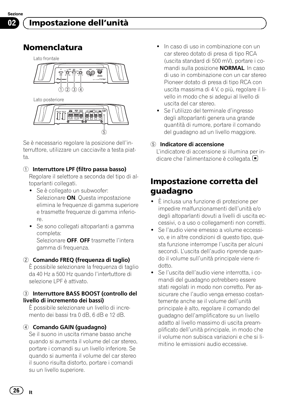 Nomenclatura, Impostazione corretta del guadagno, 02 impostazione dell ’unità | Pioneer GM-5500T User Manual | Page 26 / 84