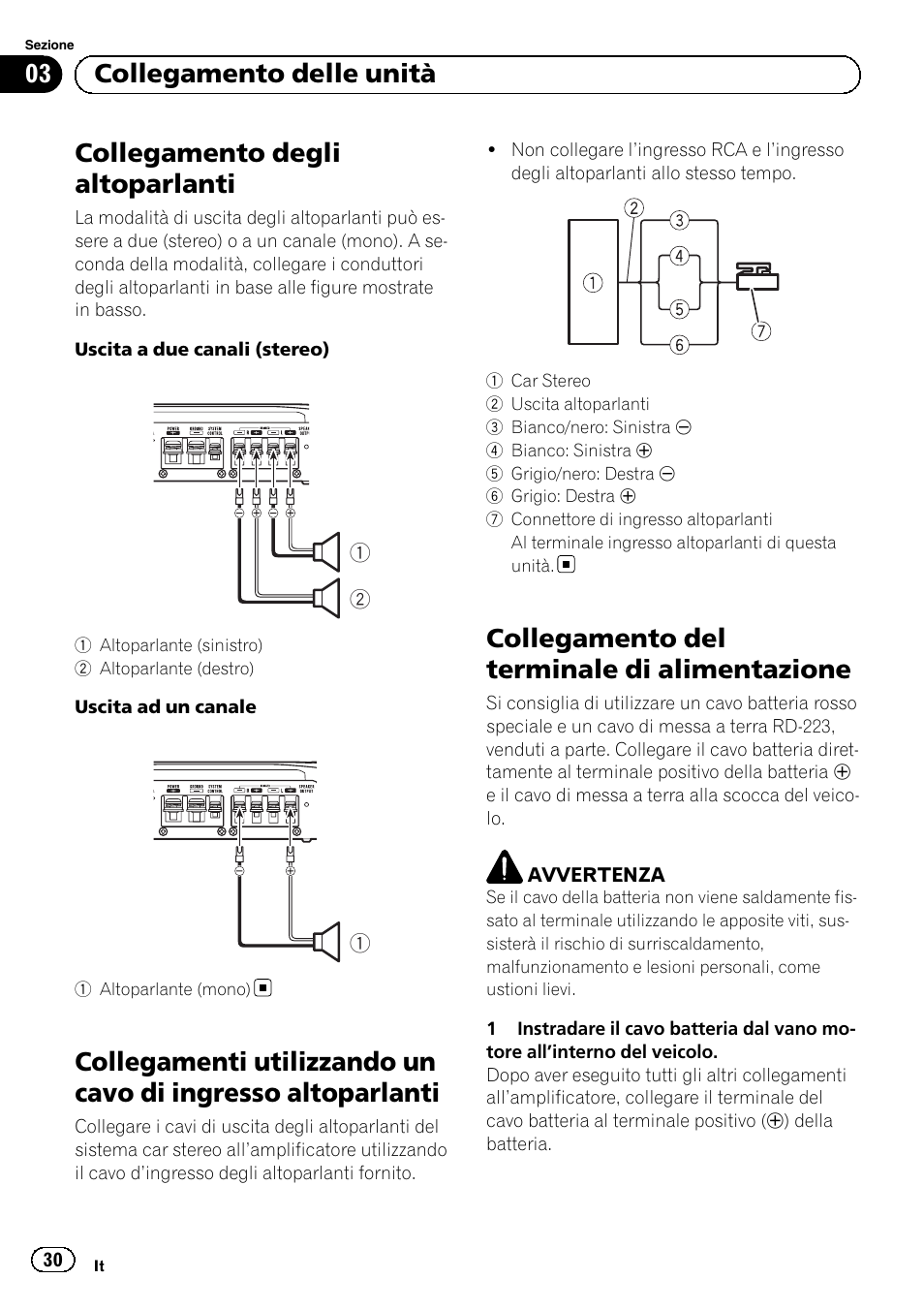 Collegamento degli altoparlanti, Collegamento del terminale di alimentazione, 03 collegamento delle unità | Pioneer GM-5500T User Manual | Page 30 / 84