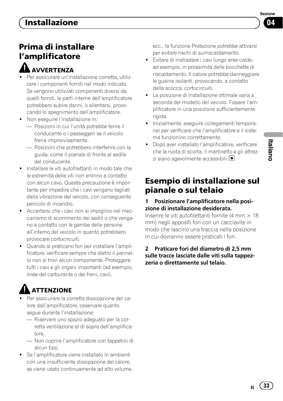 Prima di installare l ’amplificatore, Esempio di installazione sul pianale o sul telaio, 04 installazione | Pioneer GM-5500T User Manual | Page 33 / 84