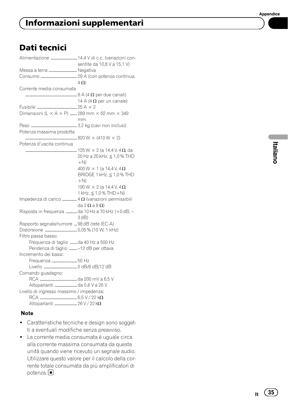 Dati tecnici, Informazioni supplementari, Italiano | Pioneer GM-5500T User Manual | Page 35 / 84