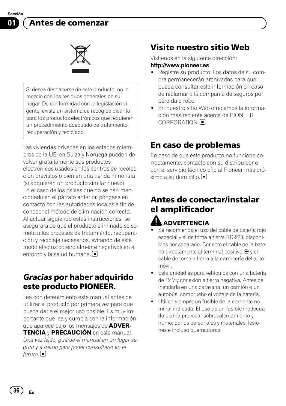Español, Gracias por haber adquirido este producto pioneer, Visite nuestro sitio web | En caso de problemas, Antes de conectar/instalar el amplificador, 01 antes de comenzar | Pioneer GM-5500T User Manual | Page 36 / 84