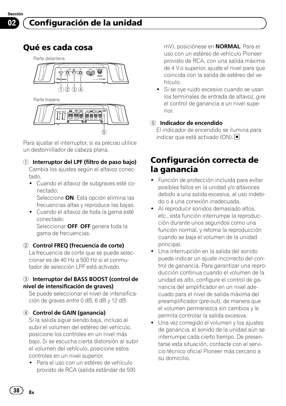 Qué es cada cosa, Configuración correcta de la ganancia, 02 configuración de la unidad | Pioneer GM-5500T User Manual | Page 38 / 84