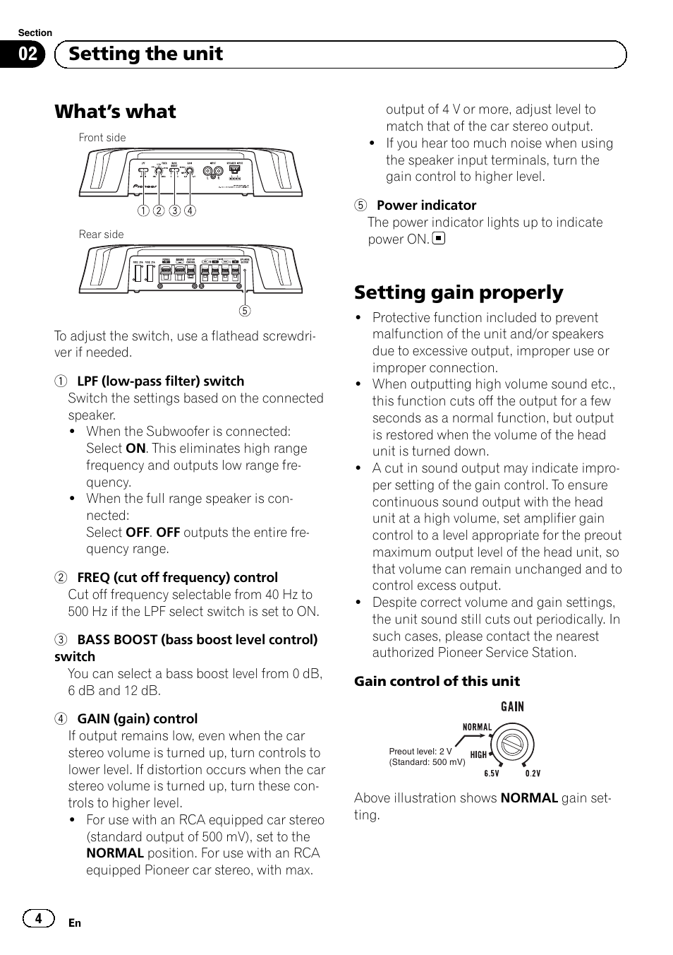 What ’s what, Setting gain properly, 02 setting the unit | Pioneer GM-5500T User Manual | Page 4 / 84