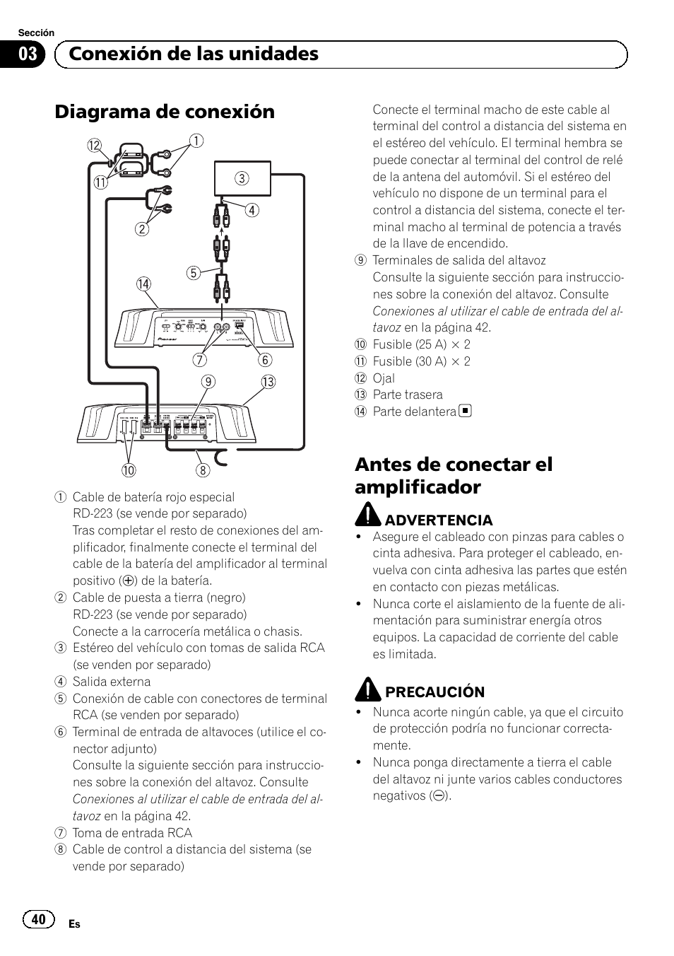 Diagrama de conexión, Antes de conectar el amplificador, 03 conexión de las unidades | Pioneer GM-5500T User Manual | Page 40 / 84
