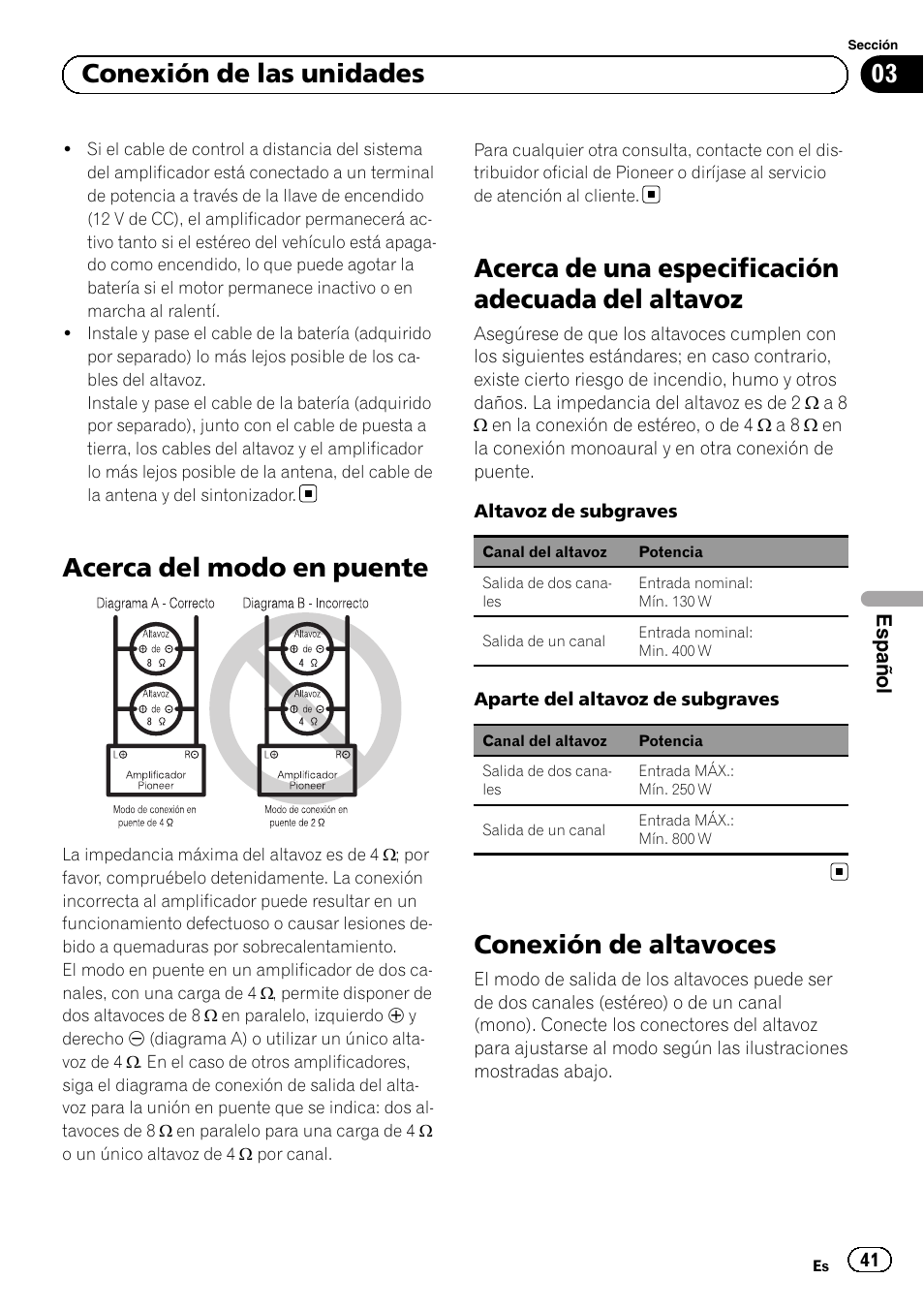 Acerca del modo en puente, Acerca de una especificación adecuada del altavoz, Conexión de altavoces | 03 conexión de las unidades | Pioneer GM-5500T User Manual | Page 41 / 84
