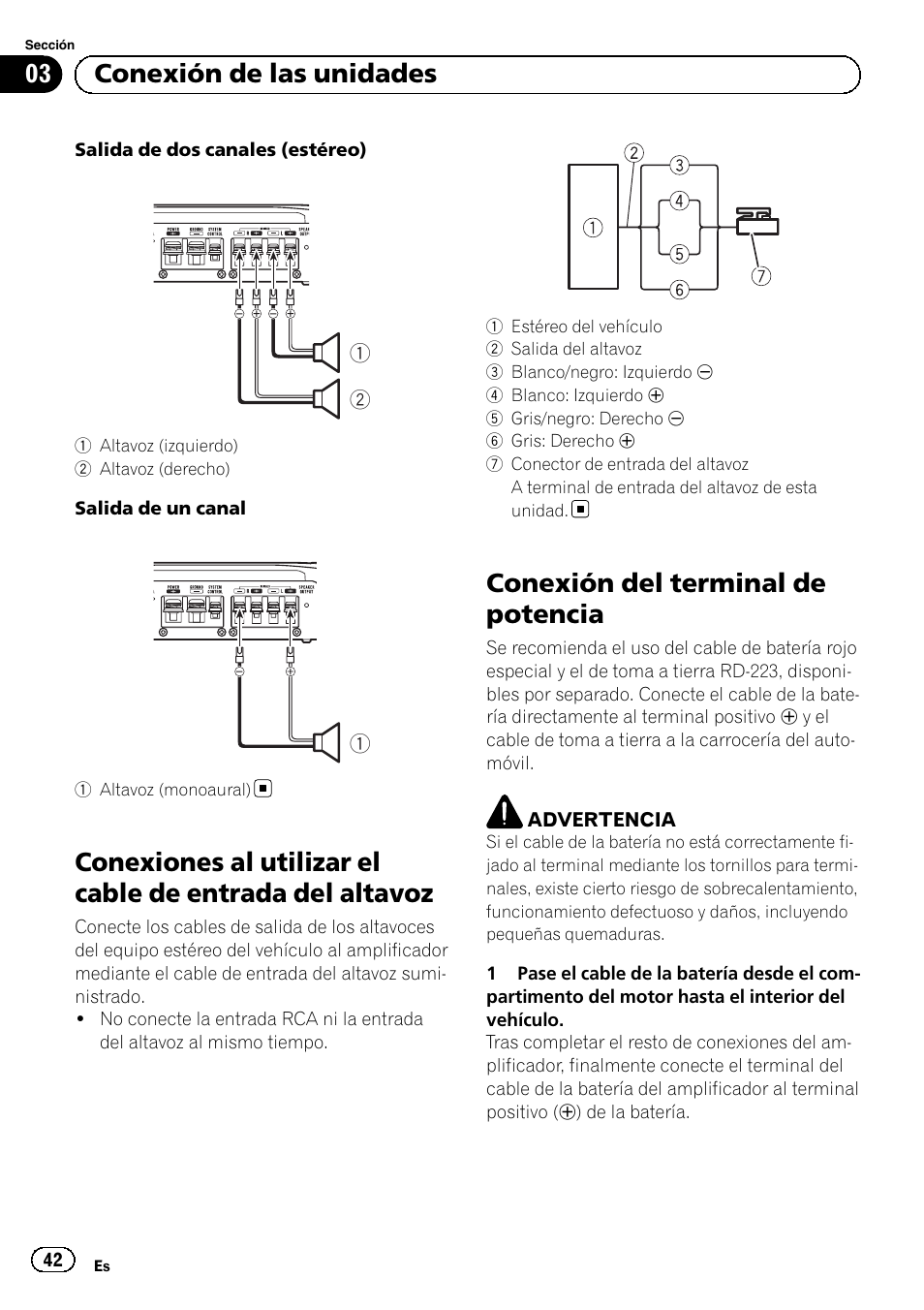 Conexión del terminal de potencia, 03 conexión de las unidades | Pioneer GM-5500T User Manual | Page 42 / 84