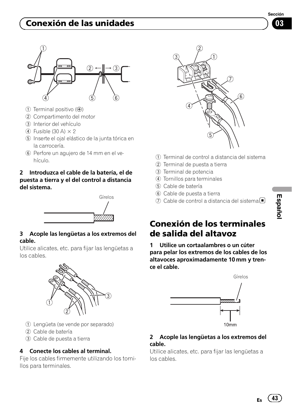Conexión de los terminales de salida del altavoz, 03 conexión de las unidades | Pioneer GM-5500T User Manual | Page 43 / 84
