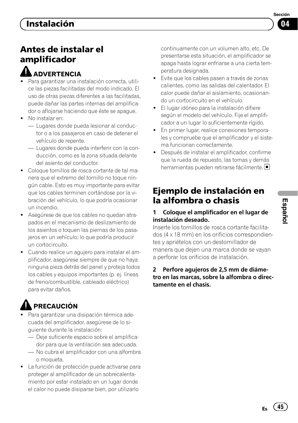 Antes de instalar el amplificador, Ejemplo de instalación en la alfombra o chasis, 04 instalación | Pioneer GM-5500T User Manual | Page 45 / 84