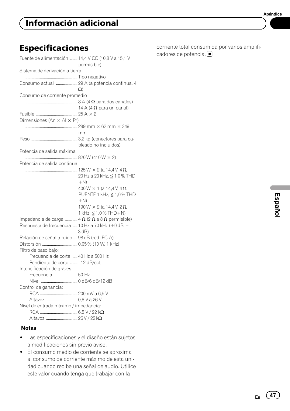 Especificaciones, Información adicional, Español | Pioneer GM-5500T User Manual | Page 47 / 84