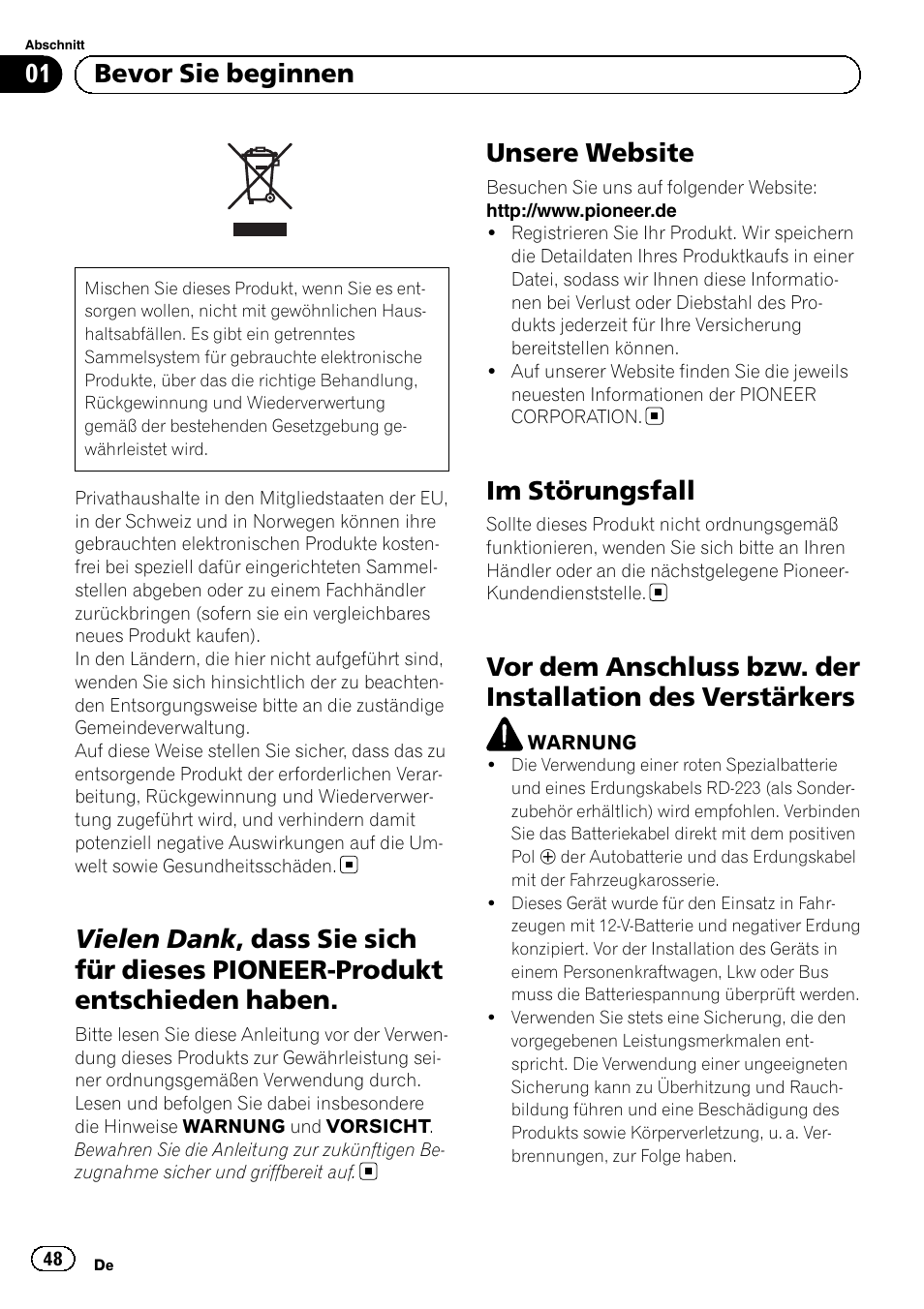 Deutsch, Unsere website, Im störungsfall | 01 bevor sie beginnen | Pioneer GM-5500T User Manual | Page 48 / 84