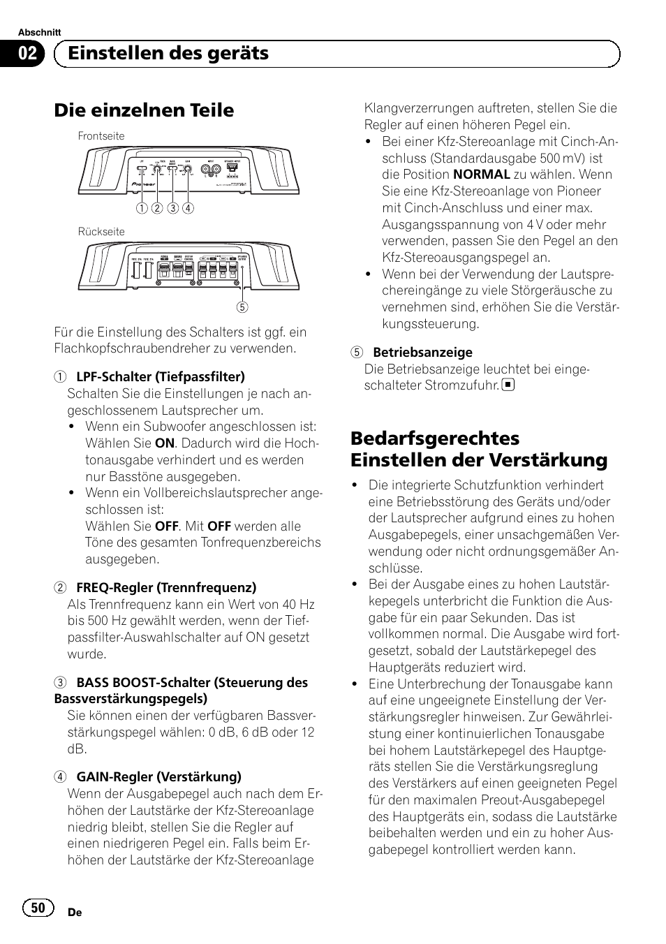 Die einzelnen teile, Bedarfsgerechtes einstellen der verstärkung, 02 einstellen des geräts | Pioneer GM-5500T User Manual | Page 50 / 84