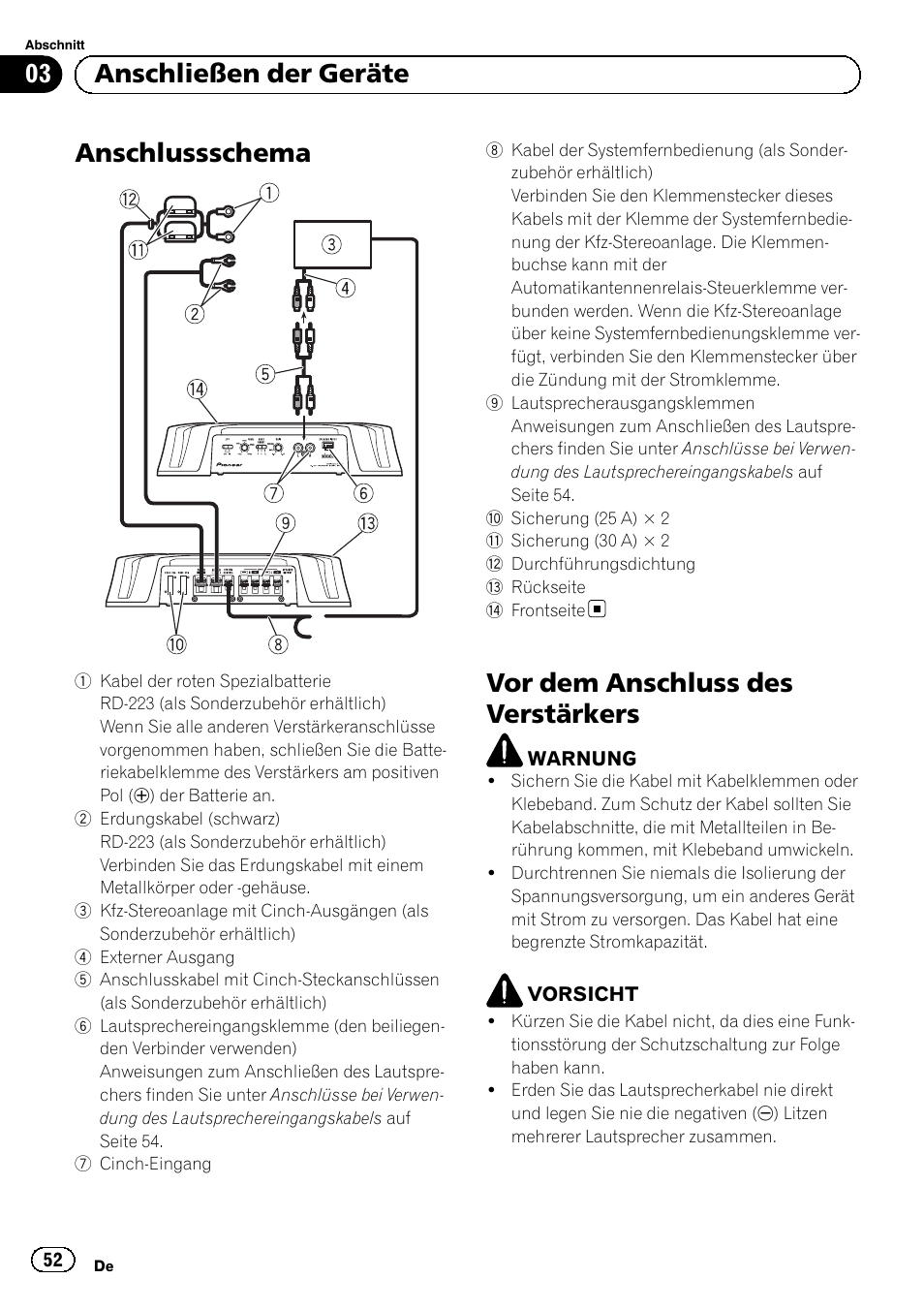 Anschlussschema, Vor dem anschluss des verstärkers, 03 anschließen der geräte | Pioneer GM-5500T User Manual | Page 52 / 84