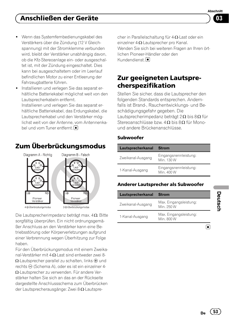 Zum überbrückungsmodus, Zur geeigneten lautspre- cherspezifikation, 03 anschließen der geräte | Pioneer GM-5500T User Manual | Page 53 / 84