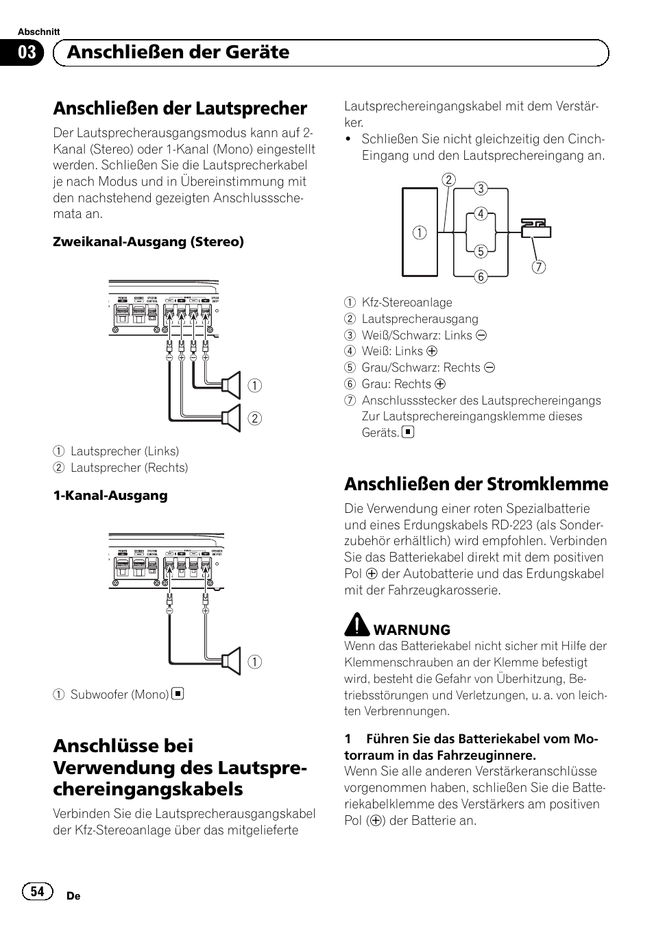 Anschließen der lautsprecher, Anschließen der stromklemme, 03 anschließen der geräte | Pioneer GM-5500T User Manual | Page 54 / 84