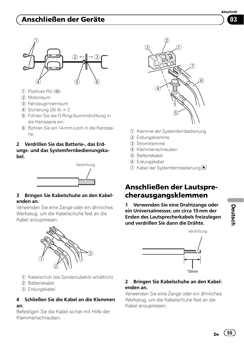 Anschließen der lautspre- cherausgangsklemmen, 03 anschließen der geräte | Pioneer GM-5500T User Manual | Page 55 / 84