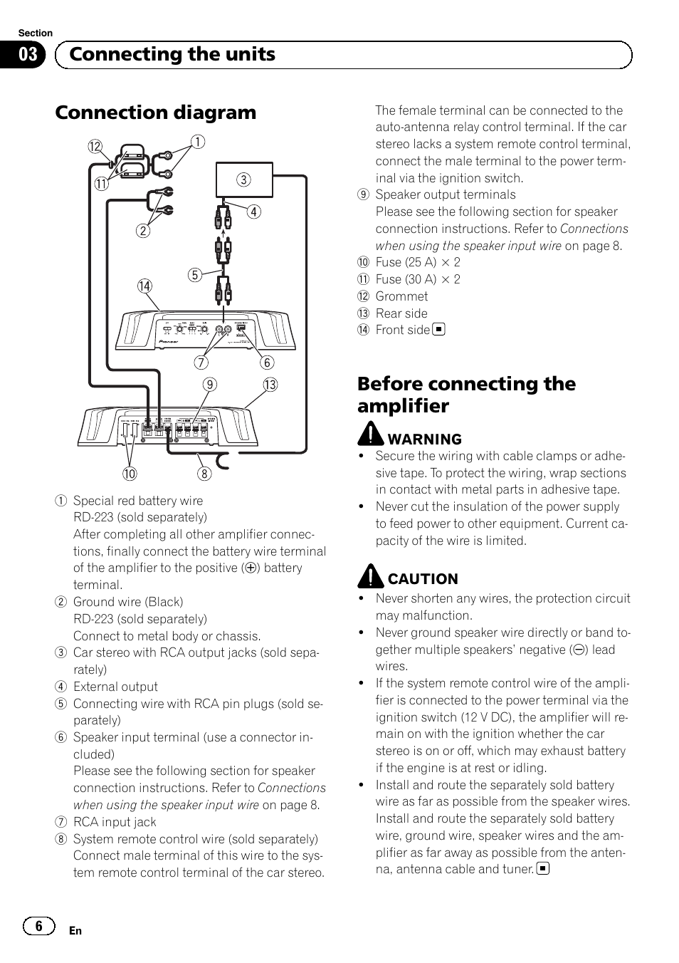Connection diagram, Before connecting the amplifier, 03 connecting the units | Pioneer GM-5500T User Manual | Page 6 / 84