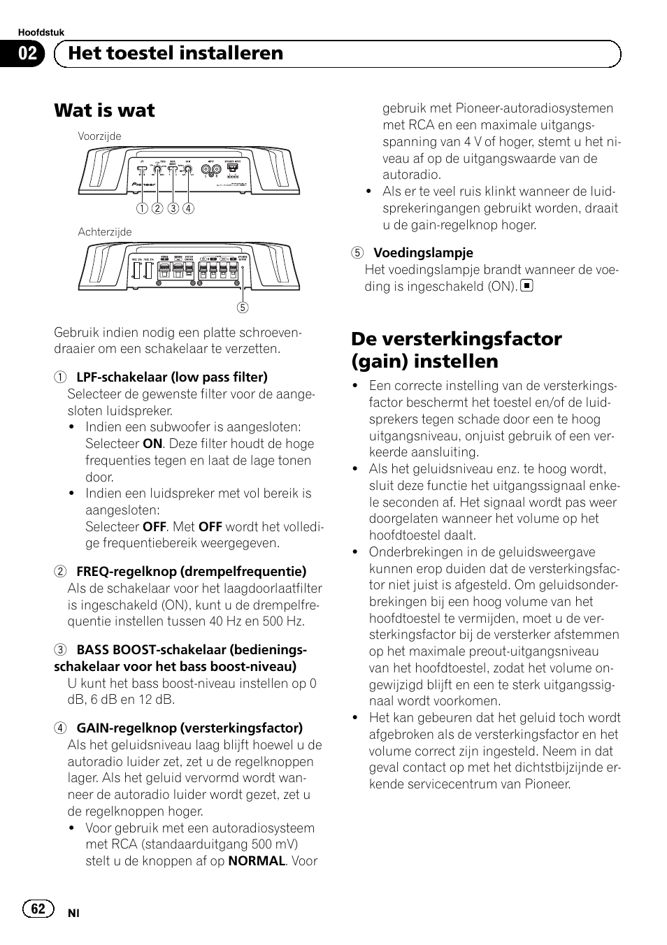 Wat is wat, De versterkingsfactor (gain) instellen, 02 het toestel installeren | Pioneer GM-5500T User Manual | Page 62 / 84