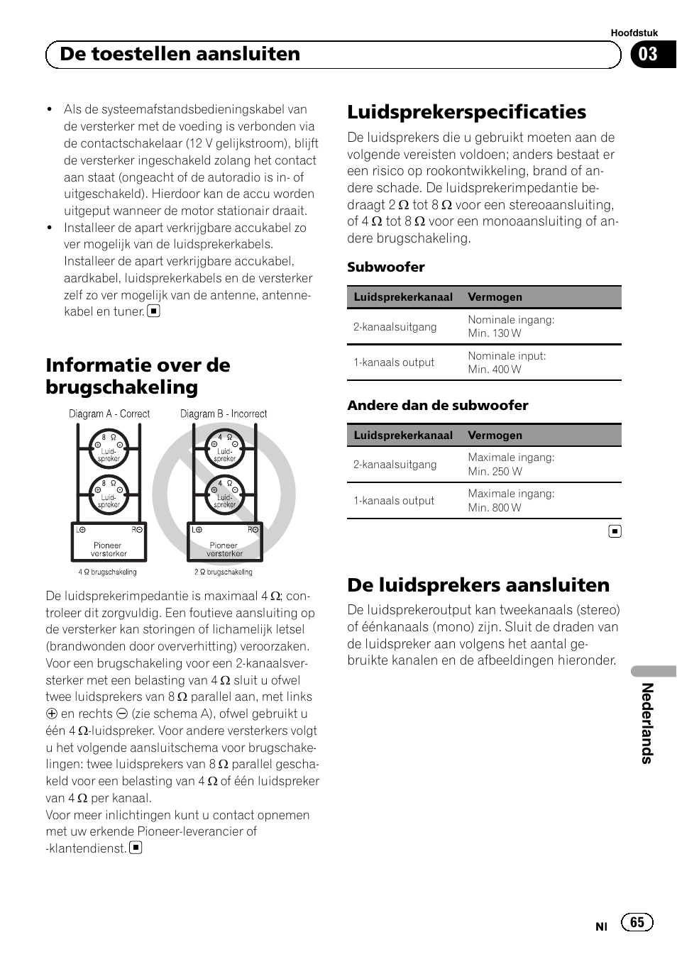 Informatie over de brugschakeling, Luidsprekerspecificaties, De luidsprekers aansluiten | 03 de toestellen aansluiten | Pioneer GM-5500T User Manual | Page 65 / 84