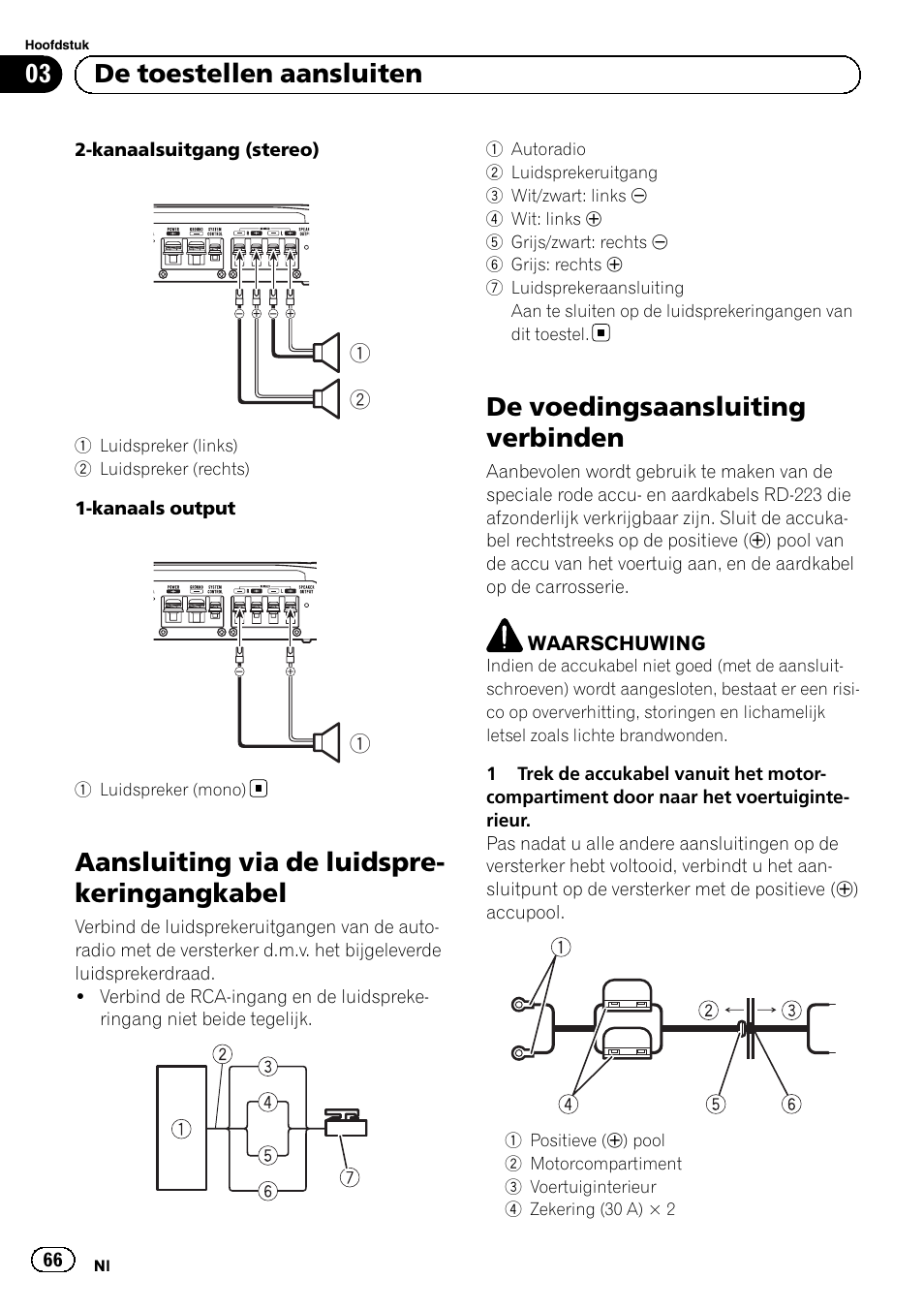 Aansluiting via de luidspre- keringangkabel, De voedingsaansluiting verbinden, 03 de toestellen aansluiten | Pioneer GM-5500T User Manual | Page 66 / 84