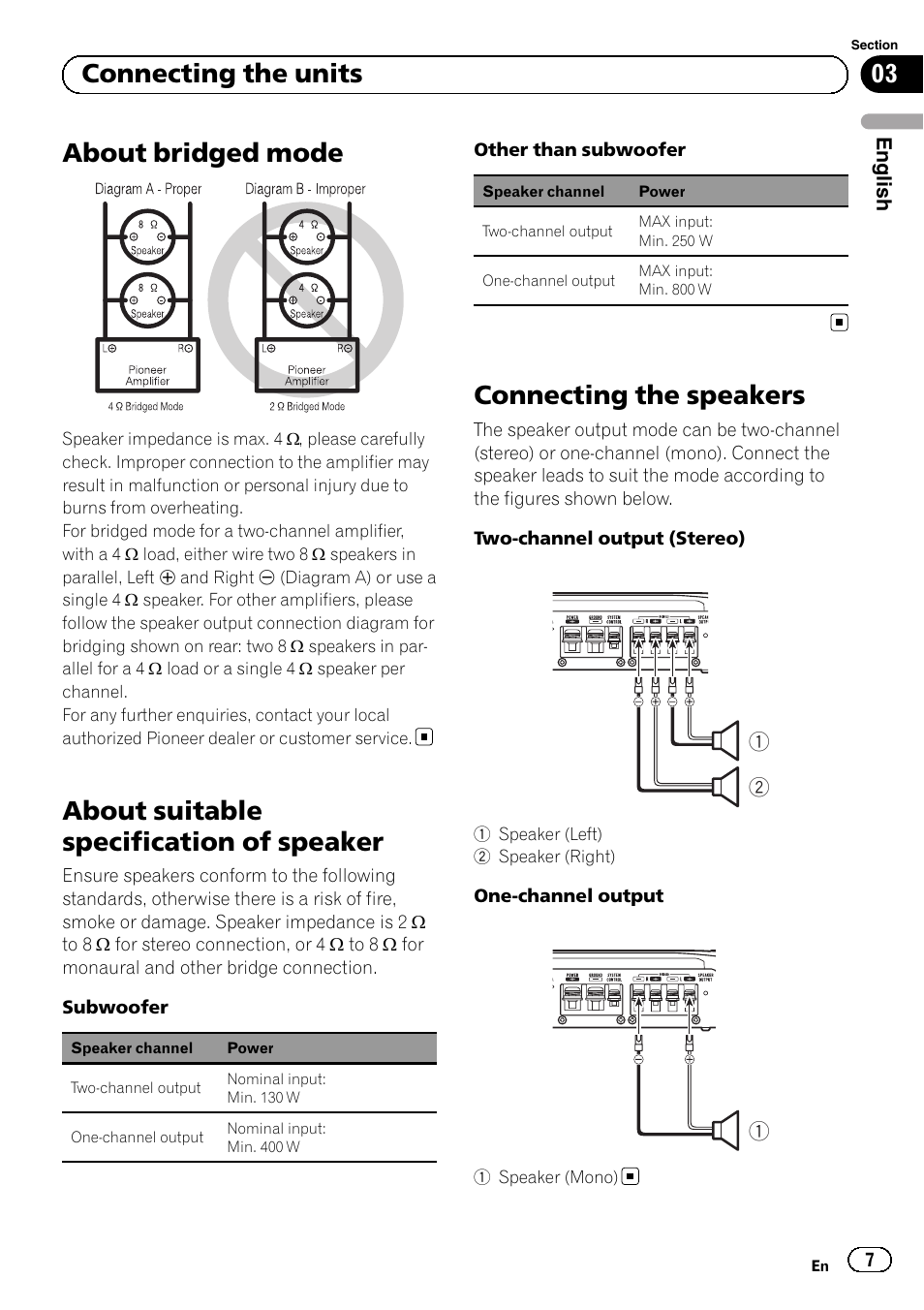 About bridged mode, About suitable specification of speaker, Connecting the speakers | 03 connecting the units | Pioneer GM-5500T User Manual | Page 7 / 84