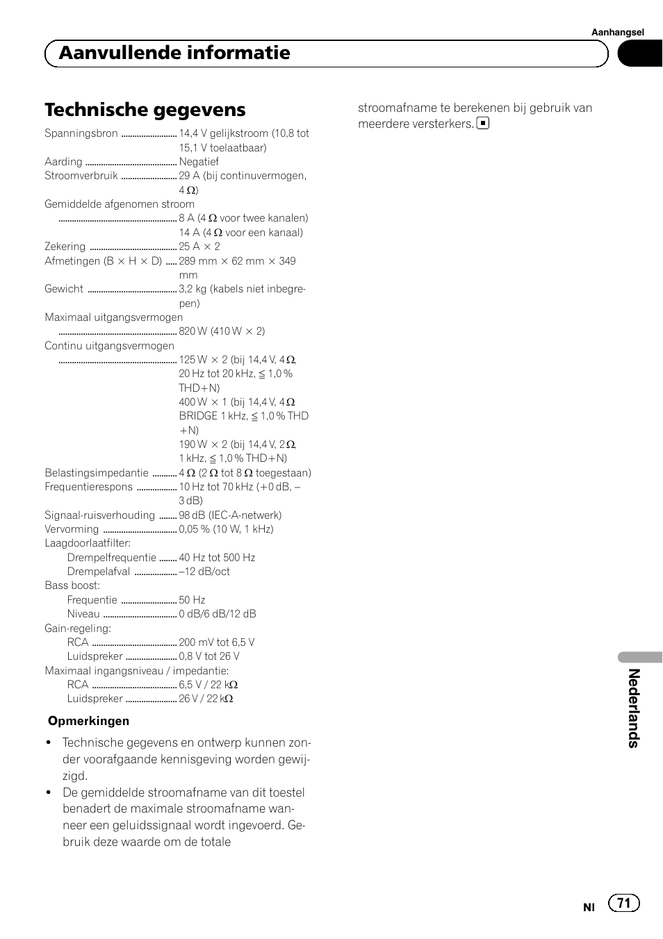 Technische gegevens, Aanvullende informatie, Nederlands | Pioneer GM-5500T User Manual | Page 71 / 84