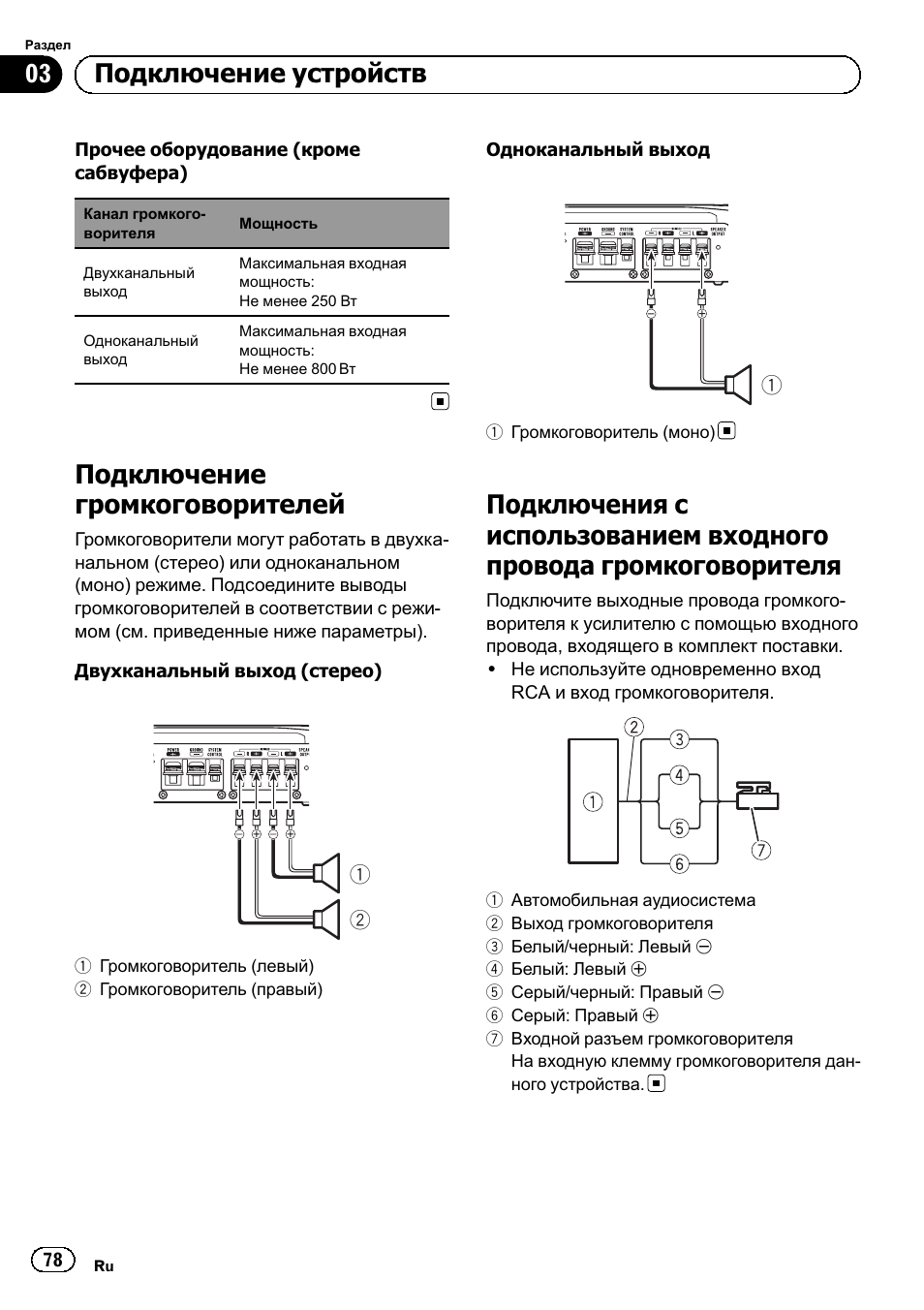 Подключения с использова, Подключение громкоговорителей, 03 подключение устройств | Pioneer GM-5500T User Manual | Page 78 / 84