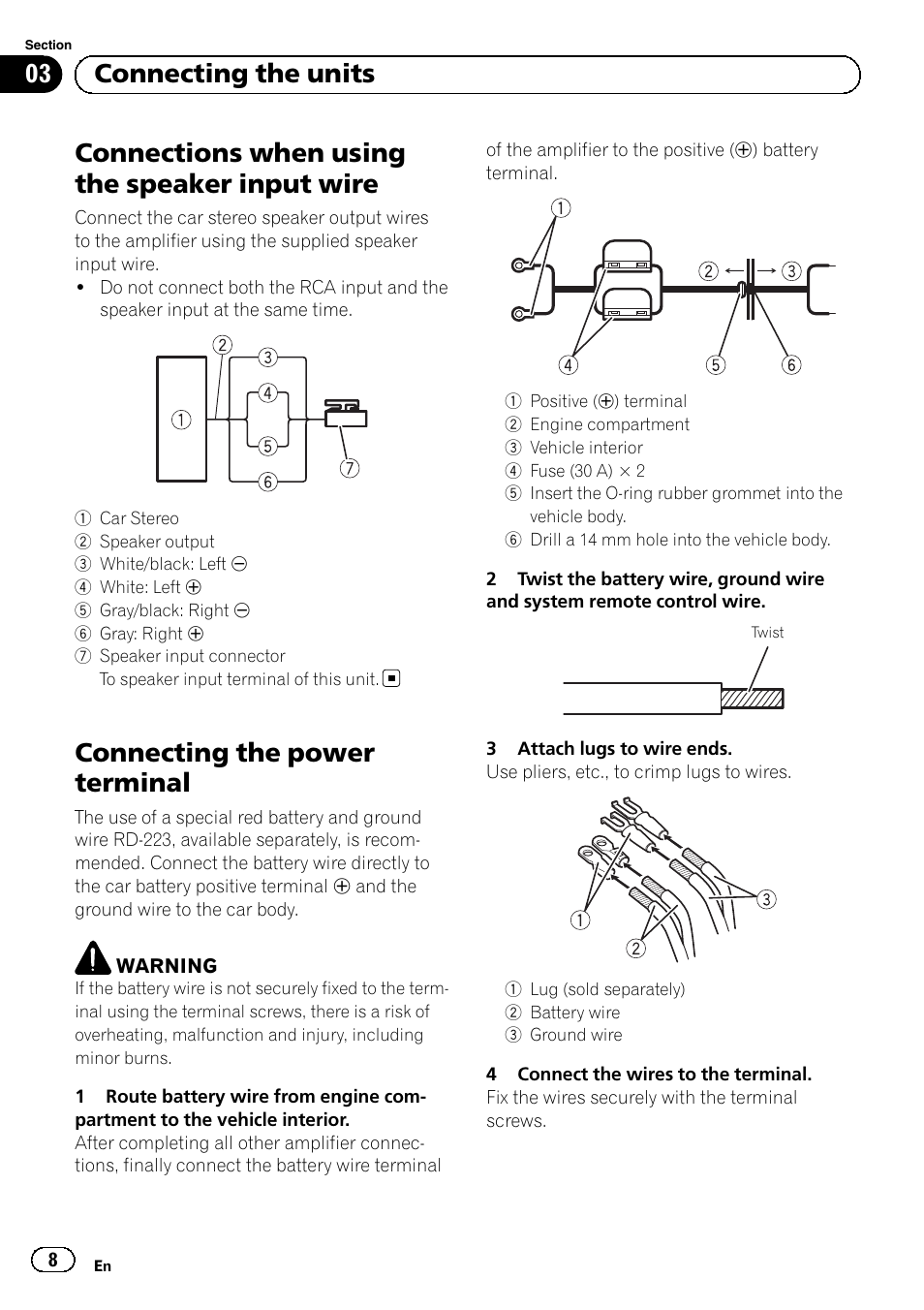 Connections when using the speaker input wire, Connecting the power terminal, 03 connecting the units | Pioneer GM-5500T User Manual | Page 8 / 84