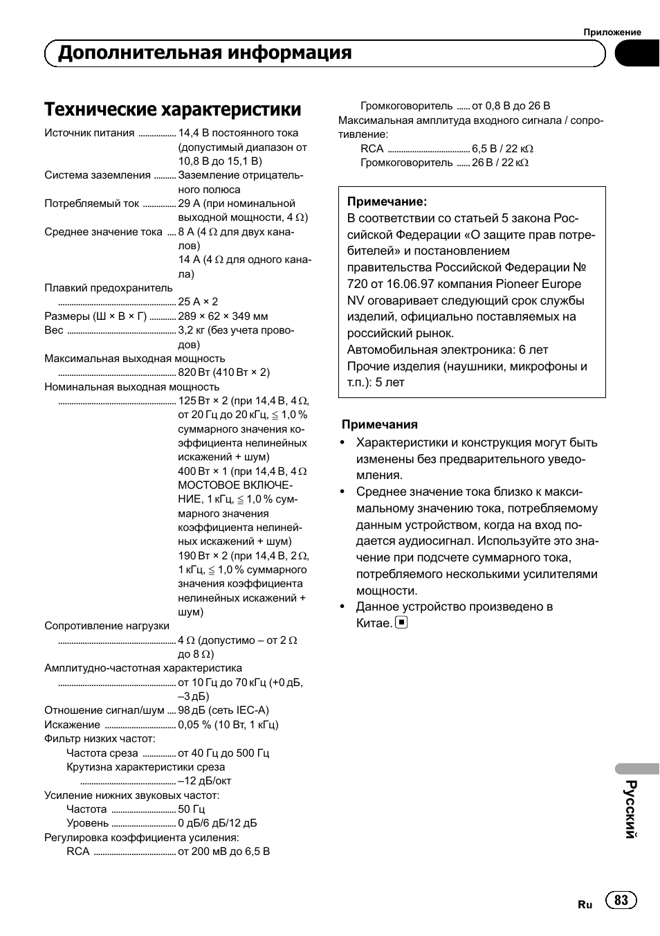 Технические характеристики, Дополнительная информация, Ру сский | Pioneer GM-5500T User Manual | Page 83 / 84