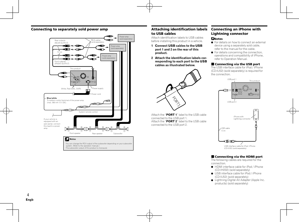 Connecting to separately sold power amp, Attaching identification labels to usb cables, Connecting an iphone with lightning connector | Pioneer AVH-X8600BT User Manual | Page 4 / 64