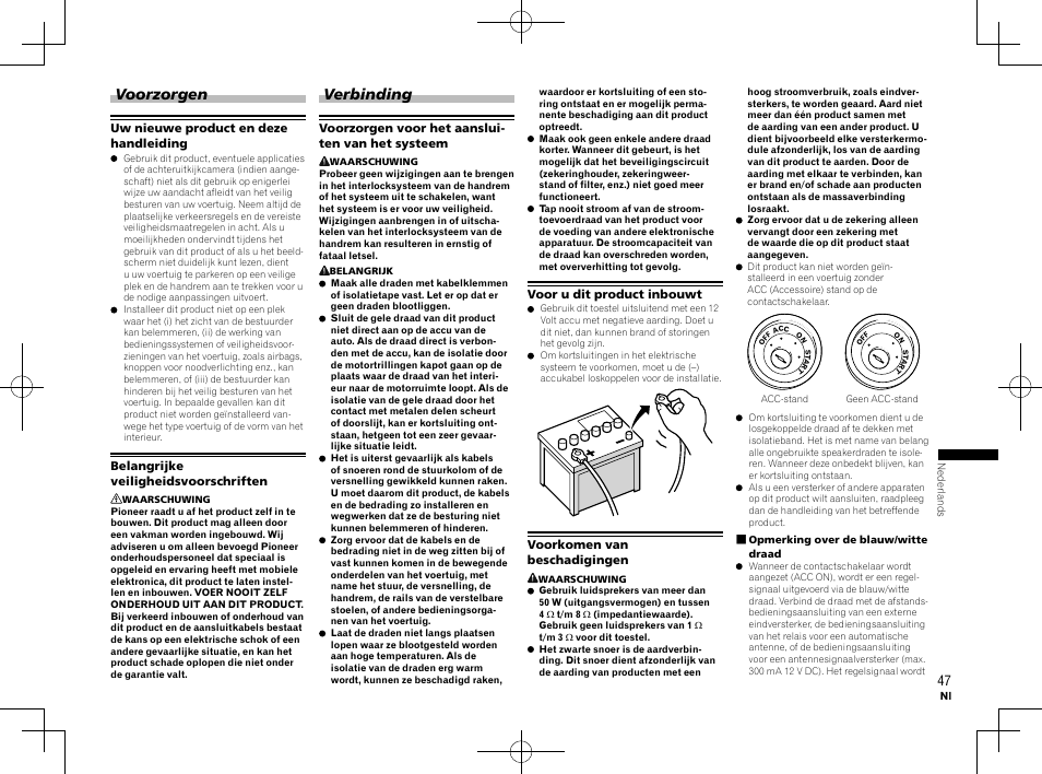 Installatiehandleiding, Dvd rds av-ontvanger, Voorzorgen | Verbinding | Pioneer AVH-X8600BT User Manual | Page 47 / 64