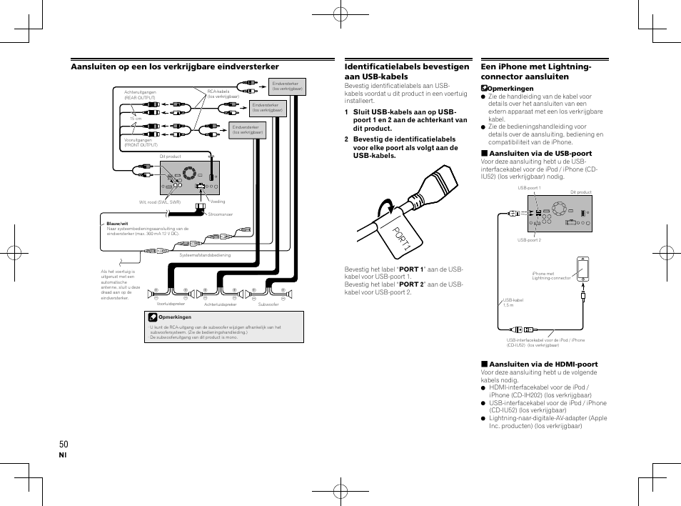 Aansluiten op een los verkrijgbare eindversterker, Identificatielabels bevestigen aan usb-kabels, Een iphone met lightning- connector aansluiten | Pioneer AVH-X8600BT User Manual | Page 50 / 64