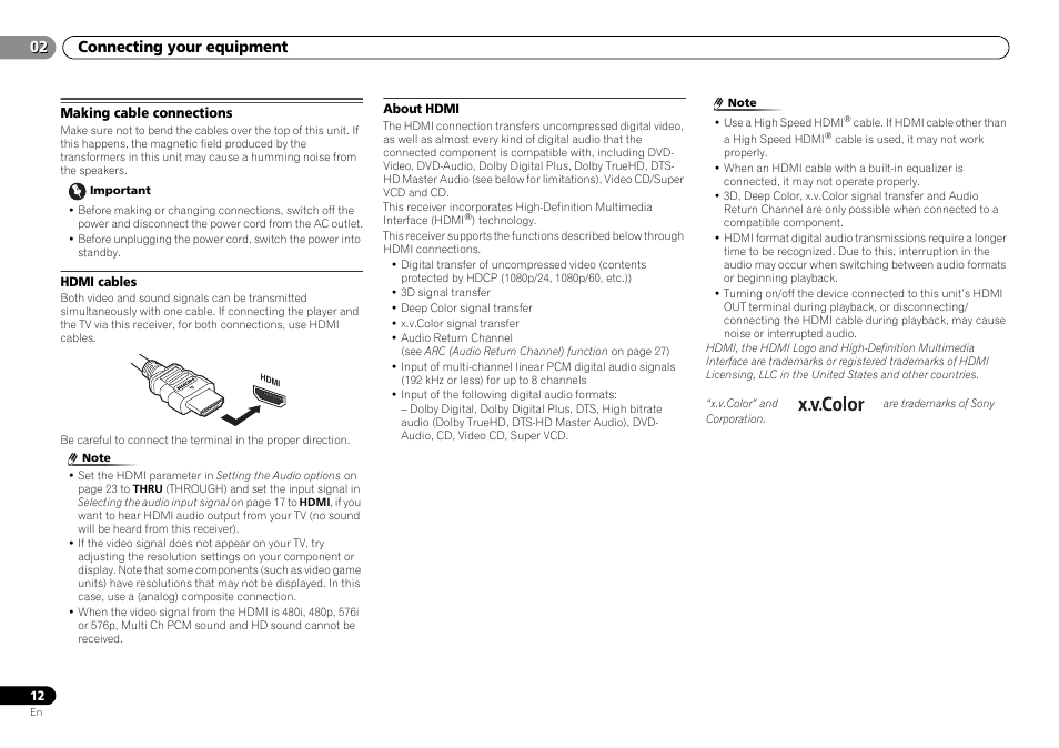 Making cable connections, Hdmi cables, About hdmi | 02 connecting your equipment | Pioneer HTP-070 User Manual | Page 12 / 31