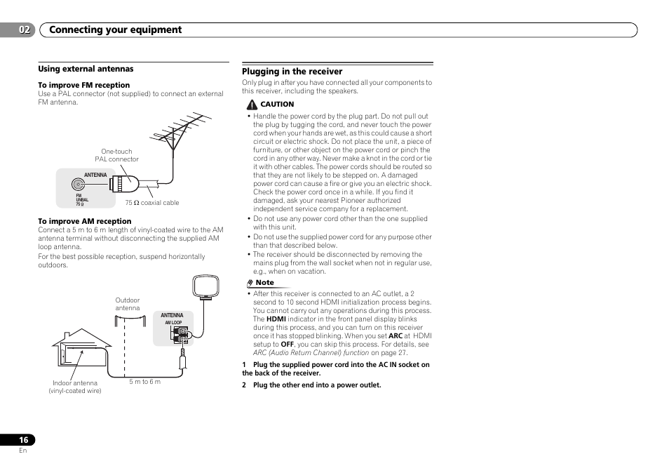 Using external antennas, Plugging in the receiver, 02 connecting your equipment | Pioneer HTP-070 User Manual | Page 16 / 31