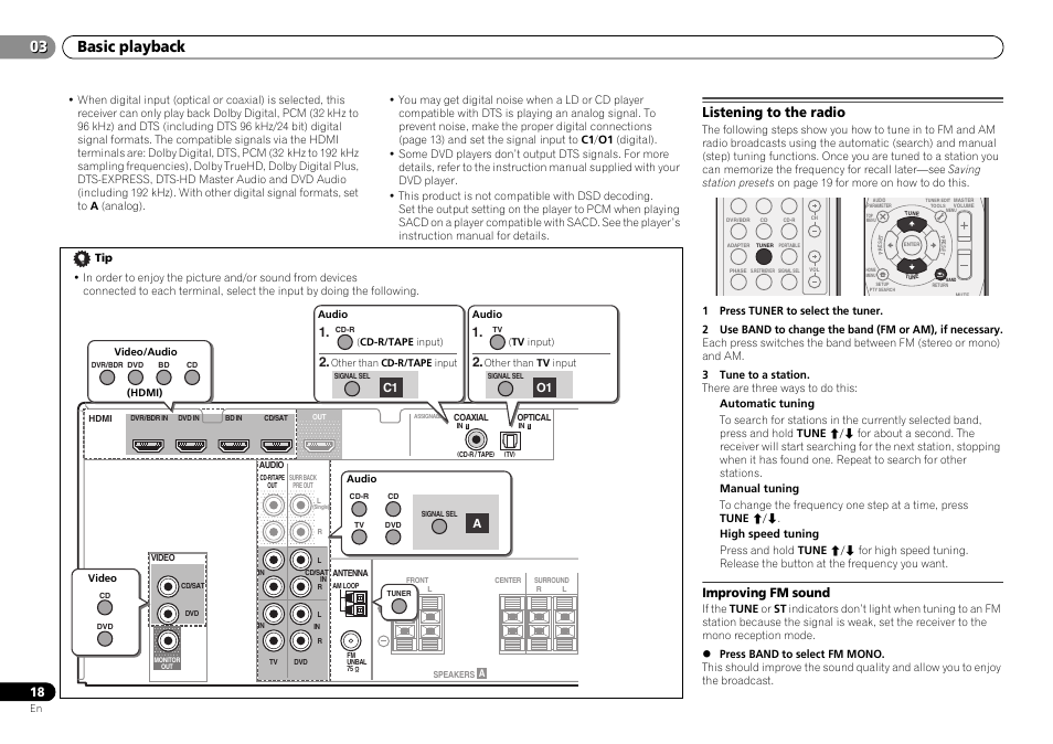 Listening to the radio, Improving fm sound, Basic playback | Pioneer HTP-070 User Manual | Page 18 / 31