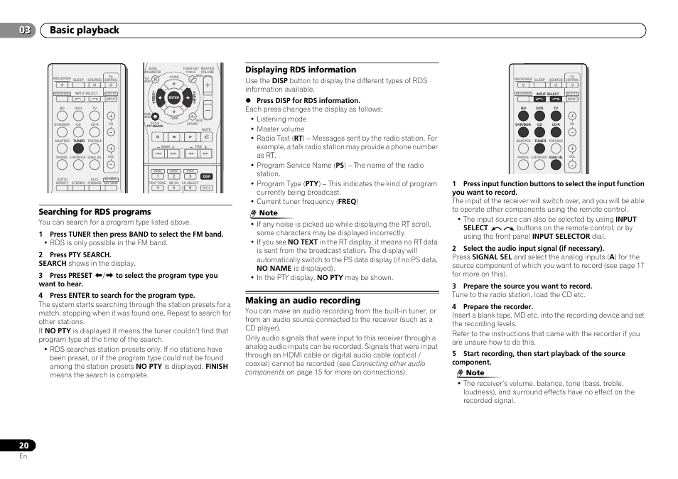 Searching for rds programs, Displaying rds information, Making an audio recording | Basic playback | Pioneer HTP-070 User Manual | Page 20 / 31