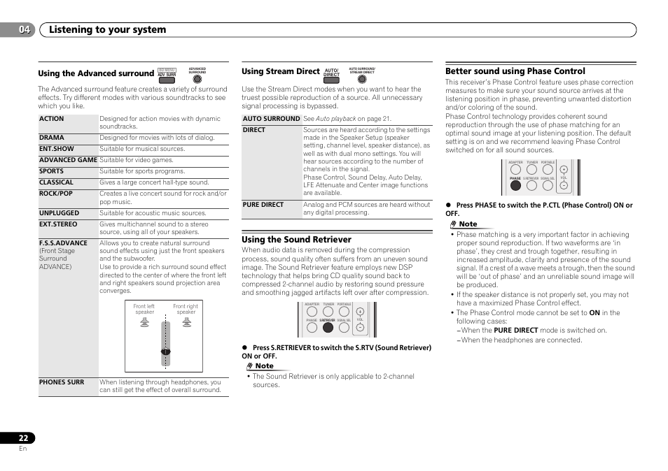 Using the advanced surround, Using stream direct, Using the sound retriever | Better sound using phase control, Listening to your system | Pioneer HTP-070 User Manual | Page 22 / 31