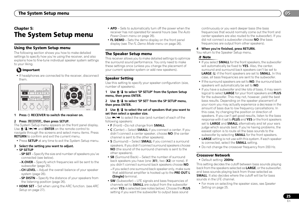 Using the system setup menu, The speaker setup menu, Speaker setting | Crossover network, The system setup menu | Pioneer HTP-070 User Manual | Page 25 / 31