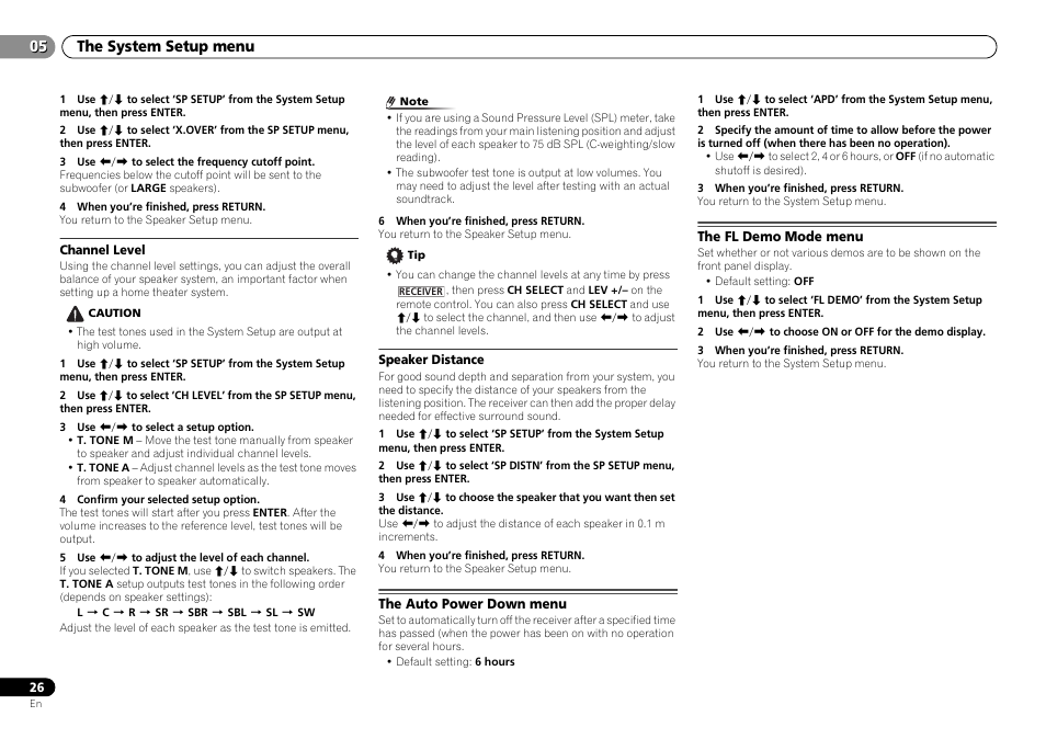 Channel level, Speaker distance, The auto power down menu | The fl demo mode menu, The system setup menu | Pioneer HTP-070 User Manual | Page 26 / 31