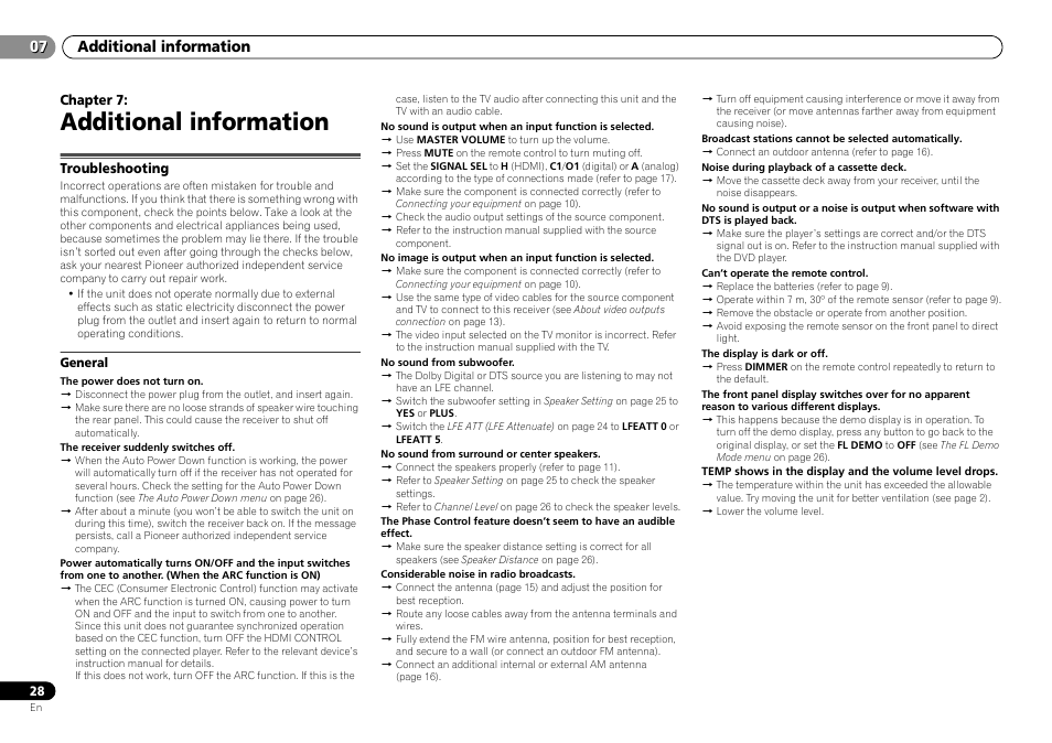 Troubleshooting, General, Additional information | Pioneer HTP-070 User Manual | Page 28 / 31