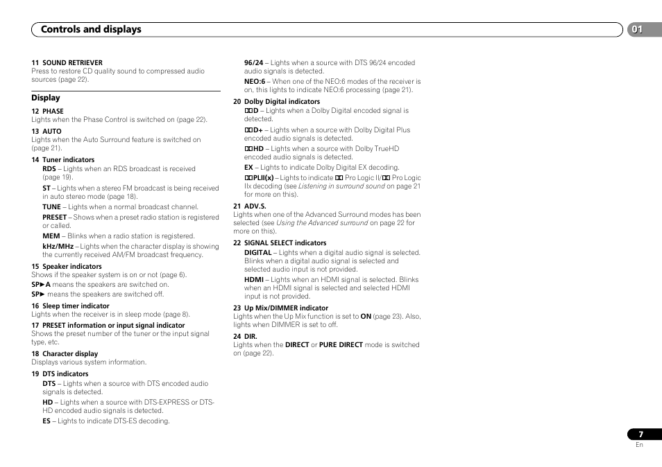 Display, 01 controls and displays | Pioneer HTP-070 User Manual | Page 7 / 31