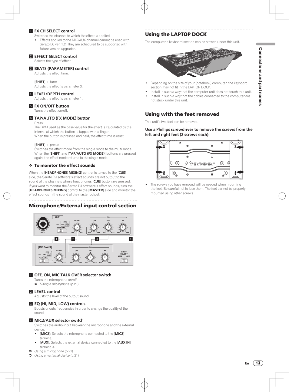 Using the laptop dock, Using with the feet removed, Connections and part names | Pioneer DDJ-S1 User Manual | Page 13 / 26