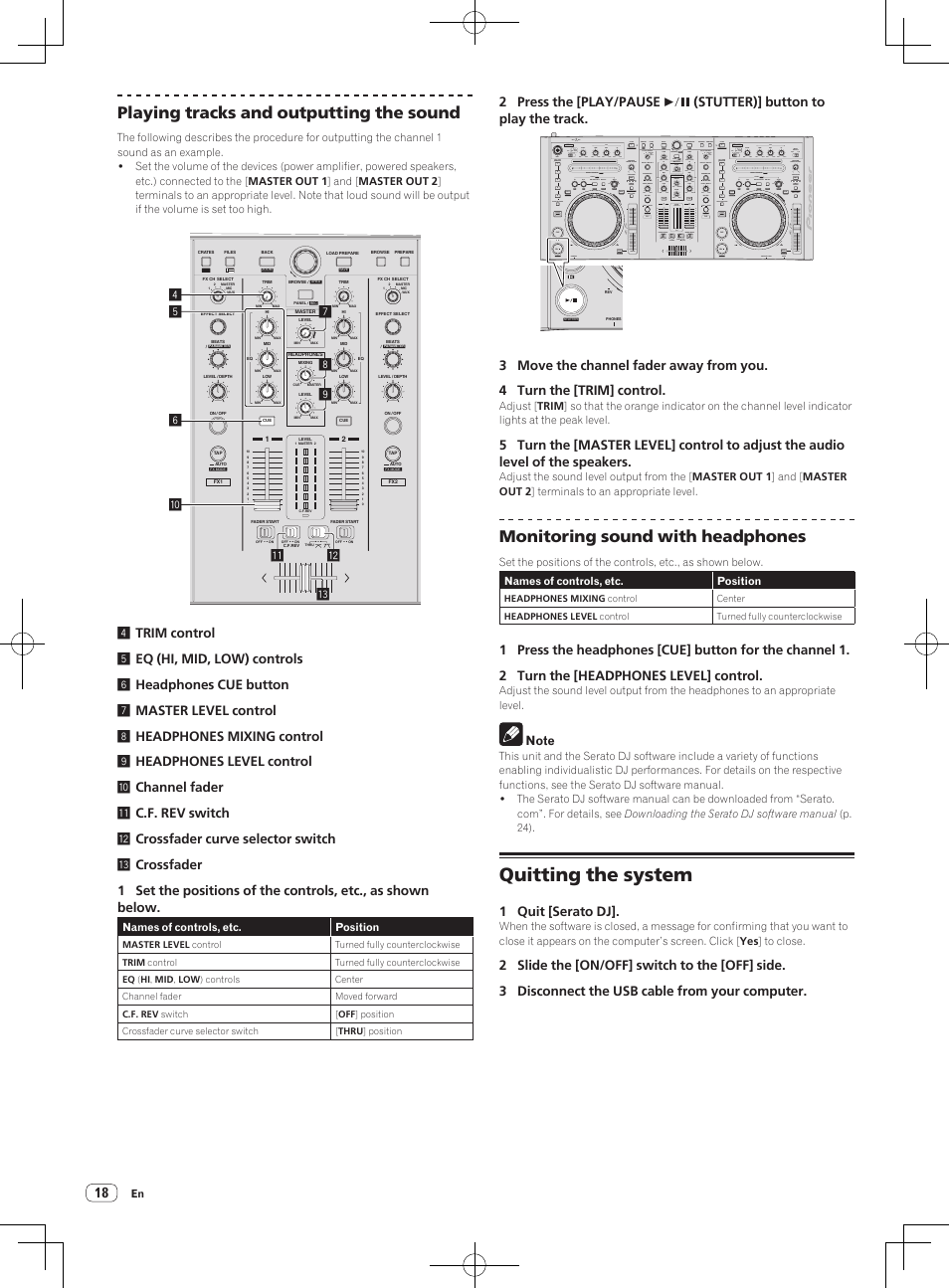 Quitting the system, Playing tracks and outputting the sound, Monitoring sound with headphones | Pioneer DDJ-S1 User Manual | Page 18 / 26